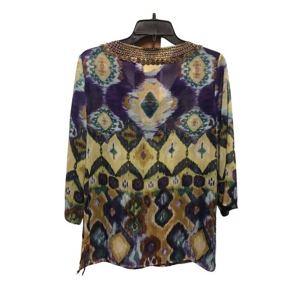 Chico’s Women’s Bohemian Patterned Sheer Tunic Blouse Metal Embroidered Size 1 M - Picture 2 of 7